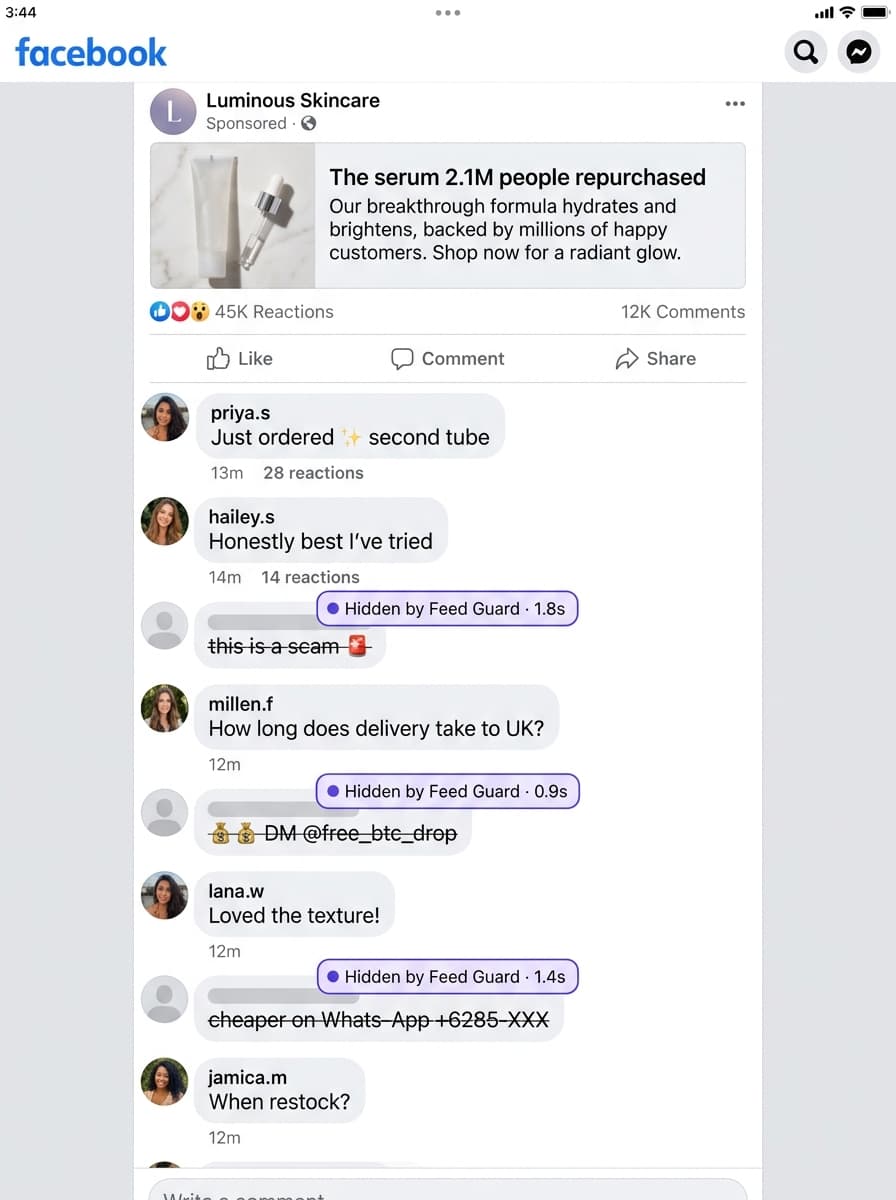 The same comment section after Sweep Inbox moderation — clean.
