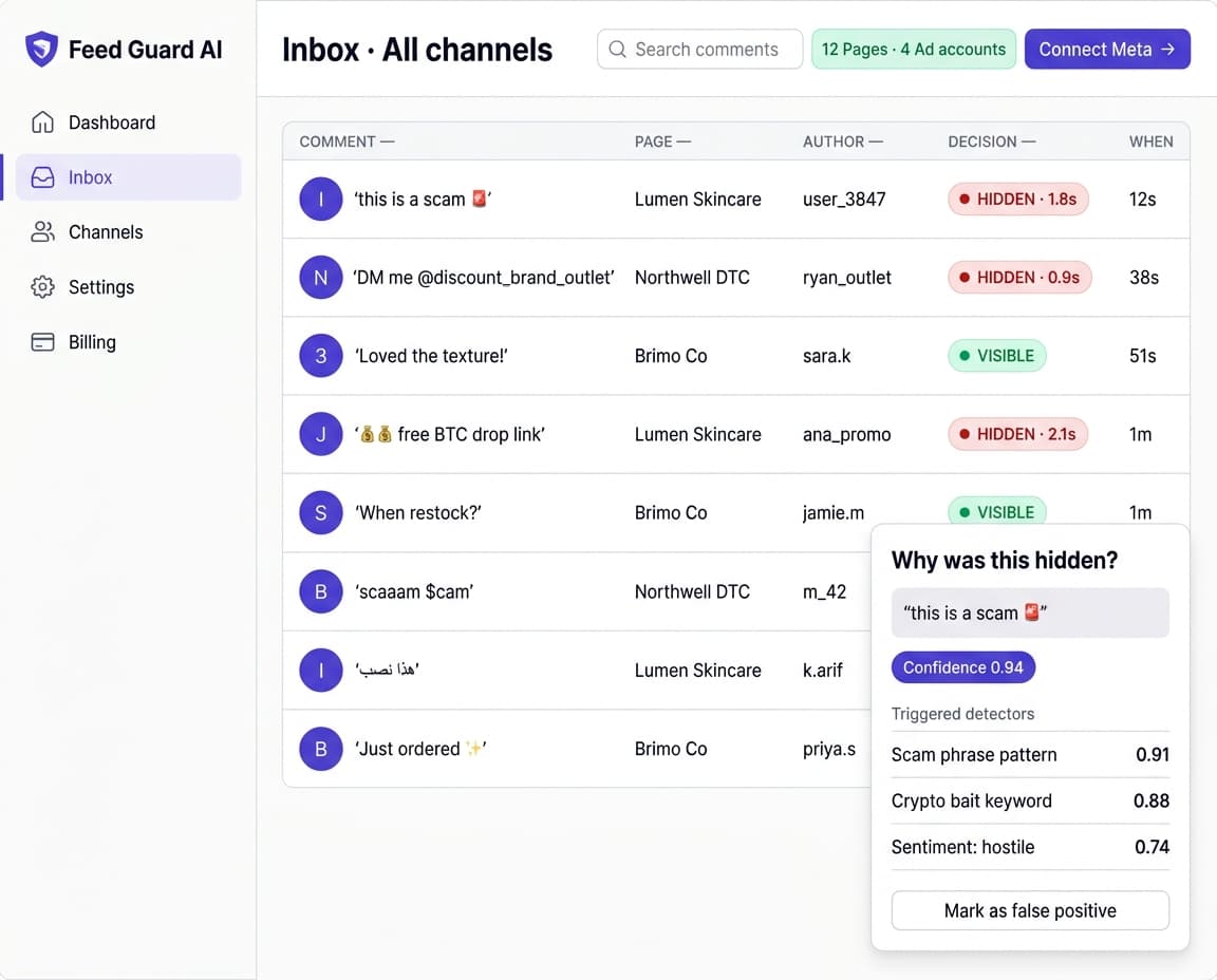 Sweep Inbox moderation inbox showing comments being hidden in real time.
